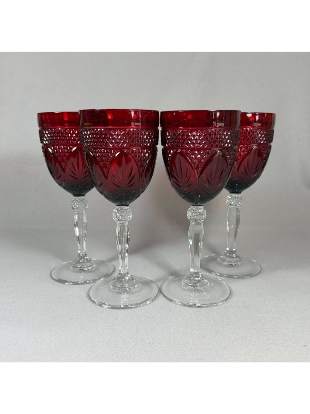 Vintage Ruby Cut to Clear Crystal Goblets Set of 4 Clear Stem Wine Glasses 8.25" - Picture 9 of 9